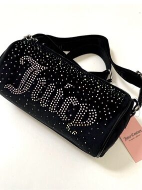 Juicy Couture Black Velvet Barrel Bag Roll with Iridescent Crystals Rhinestones